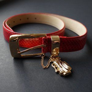 Red Leather Belt Gold Buckle Golf Pendant